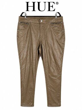 HUE Faux Leather Skinny Pants XL Tan Brown Coated Stretch (A)